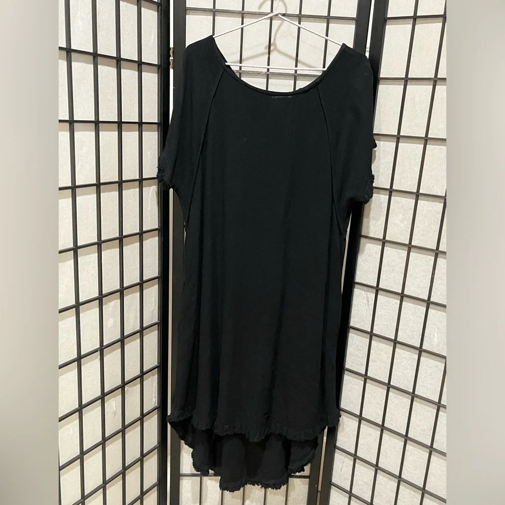 Umgee Elegant Black LINEN BLEND ROUND NECK POCKET DRESS WOMEN SIZE L